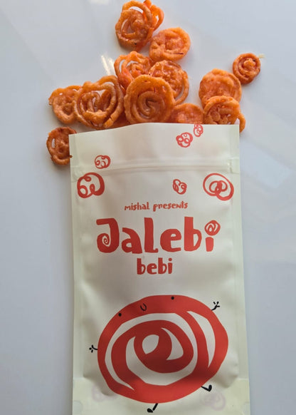 Jalebi bebi packaging with jalebis on a white background
