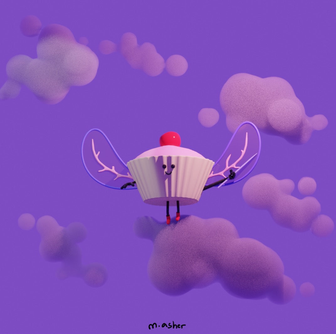 Cupcake character with fairy wings on a purple cloud