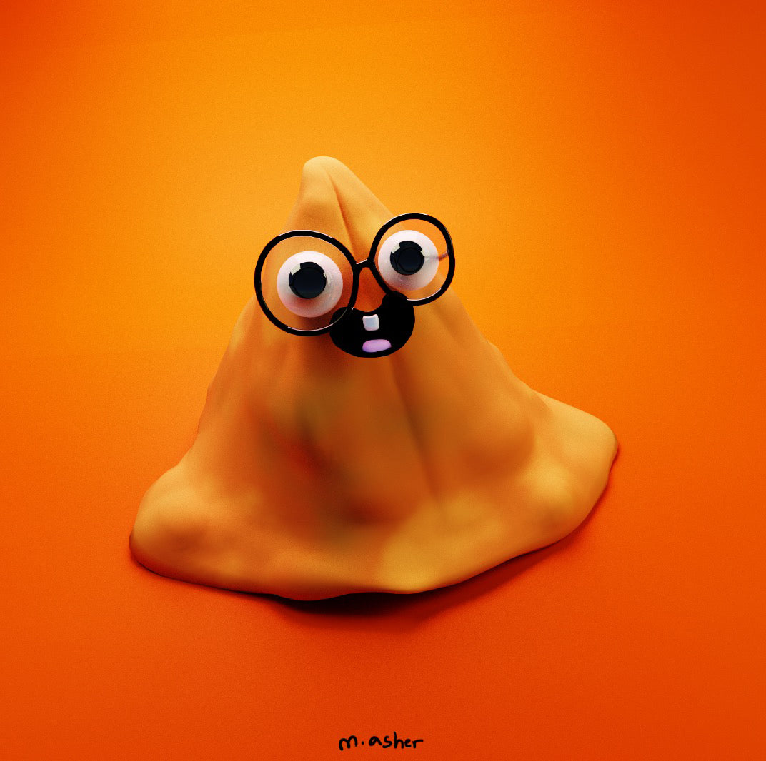 Sam the samosa with googly eyes on an orange background